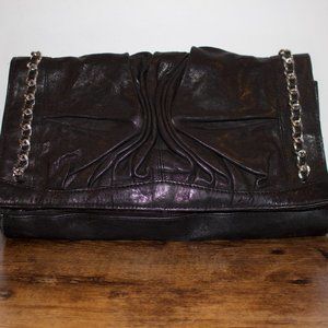 Treesje Black Leather Clutch Handbag Silver Chains Motorcycle Oversize